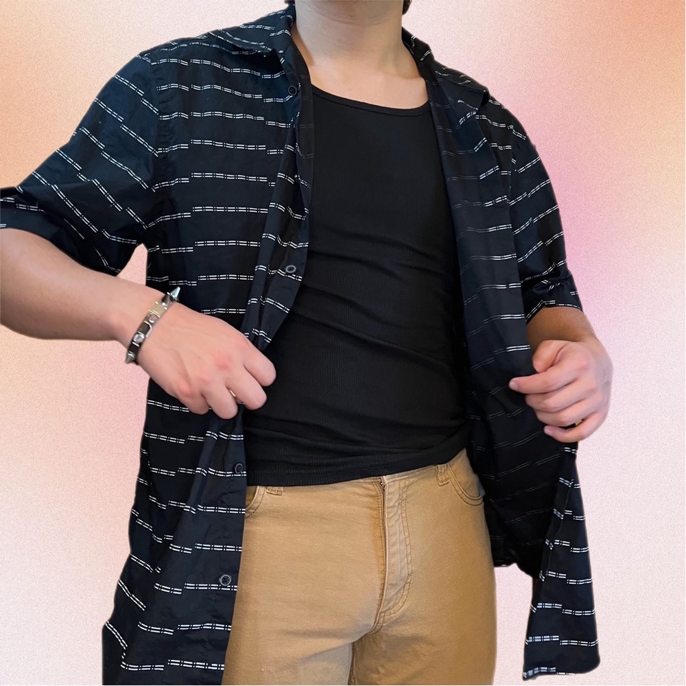 Black and White Striped Alfani Short Sleeve Button Up